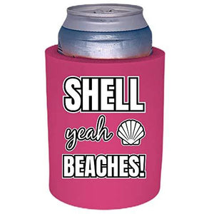pink old school thick foam koozie with shell yeah beaches! design 