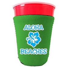 Load image into Gallery viewer, bright green party solo cup koozie with aloha beaches design 
