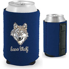 Load image into Gallery viewer, navy blue magnetic can koozie with lone wolf design
