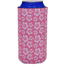 Load image into Gallery viewer, 16 oz can koozie with hibiscus flowers pink and white design
