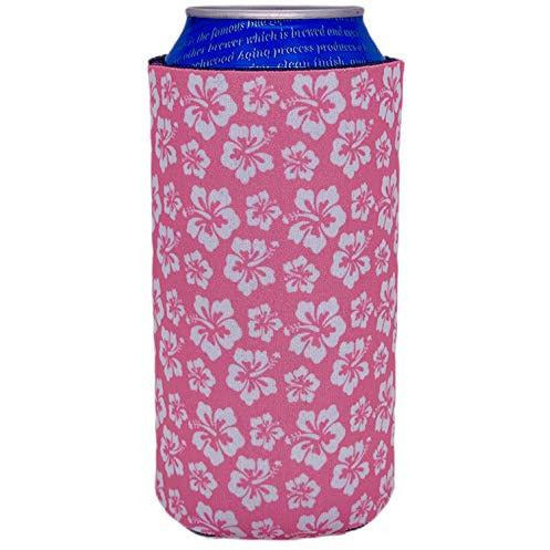 16 oz can koozie with hibiscus flowers pink and white design