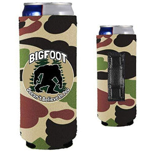 camo magnetic slim can koozie with bigfoot doesn't believe in you design