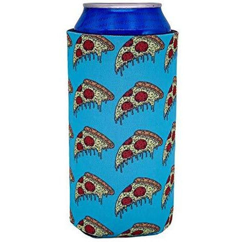 16oz tallboy can koozie with pizza slices on light blue background all over print design