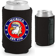 Load image into Gallery viewer, black magnetic can koozie with &quot;’Murica 1776&quot; logo and bald eagle mullet funny design
