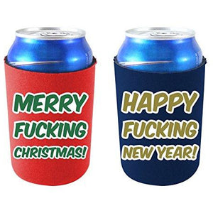 can koozie set with red and green "merry fucking christmas!" and navy and gold "happy fucking new year!" text designs.