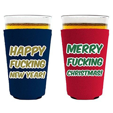 pint glass koozie with meery christmas happy new year design