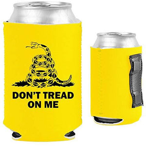 yellow magnetic can koozie with don't tread on me gadsden flag design and snake graphic