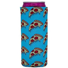 Load image into Gallery viewer, slim can koozie with pizza slices on light blue background all over print design
