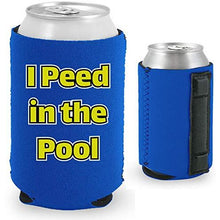 Load image into Gallery viewer, royal blue magnetic can koozie with i peed in the pool funny text design
