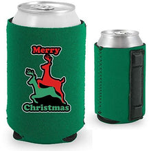 Load image into Gallery viewer, green magnetic can koozie with funny reindeer humping design
