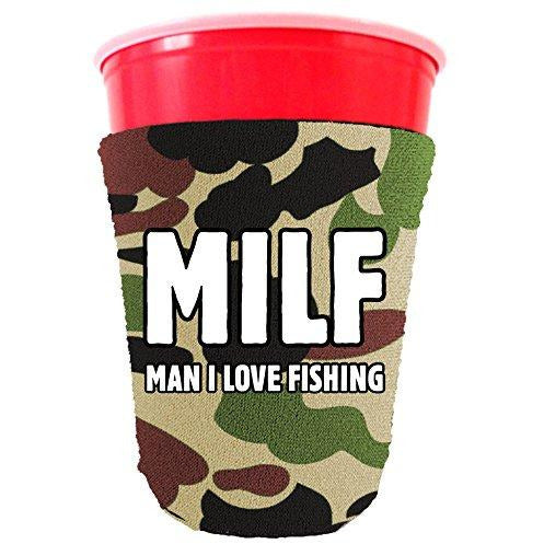 camo party cup koozie with milf man i love fishing design 