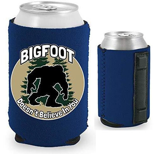 navy blue magnetic can koozie with funny bigfoot doesn't believe in you design