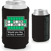 Load image into Gallery viewer, black magnetic can koozie with funny wheel of fortune board go fuck yourself buy a vowel design
