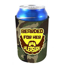 Load image into Gallery viewer, camo can koozie with bearded for her pleasure funny design
