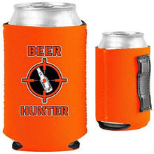 Load image into Gallery viewer, orange magnetic can koozie with funny beer hunter design
