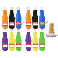 Load image into Gallery viewer, multi color zipper beer bottle with opener and writable hello my name is design 

