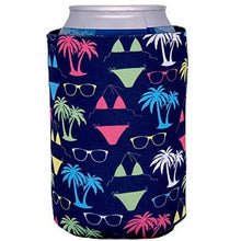 Load image into Gallery viewer, can koozie with bikini and sunglasses pattern in neon green, pink and white and navy background
