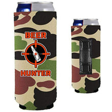 Load image into Gallery viewer, camo magnetic slim can koozie with funny beer hunter design
