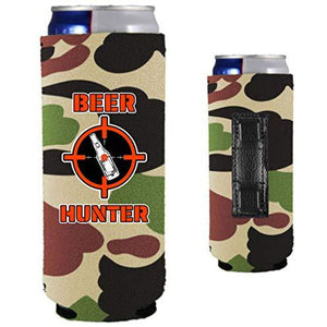 camo magnetic slim can koozie with funny beer hunter design