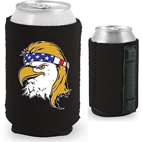 black magnetic can koozie with bald eagle with mullet hair funny design