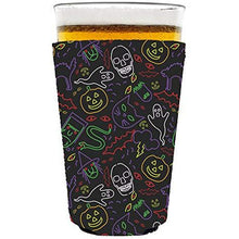 Load image into Gallery viewer, pint glass koozie with halloween characters in neon colors design
