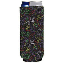 Load image into Gallery viewer, slim can koozie with halloween characters pattern in neon colors and black background
