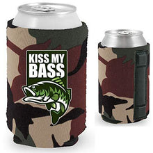 Load image into Gallery viewer, camo magnetic can koozie with &quot;kiss my bass&quot; funny text and bass fish graphic
