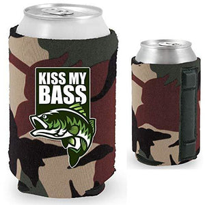 camo magnetic can koozie with "kiss my bass" funny text and bass fish graphic