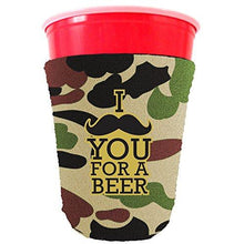 Load image into Gallery viewer, camo party cup koozie with i mustache you for a beer design 
