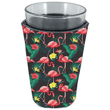Load image into Gallery viewer, pint glass koozie with pink flamingo pattern design
