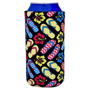 16 oz can koozie with flip flop sandals and hibiscus flowers design