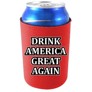 red can koozie with "drink america great again" text design
