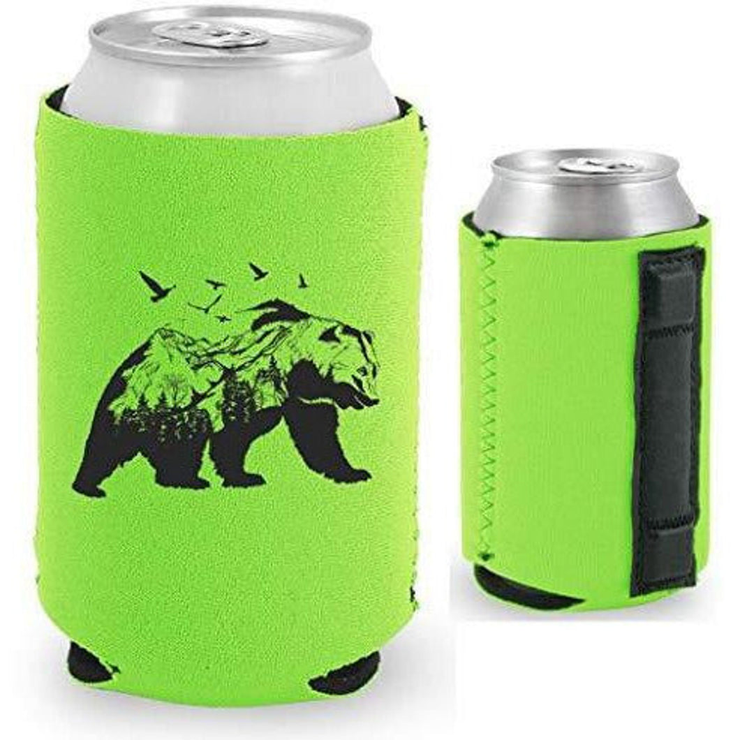 bright green magnetic can koozie with mountain bear graphic design