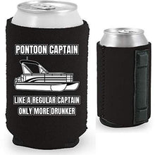 Load image into Gallery viewer, black magnetic can koozie with &quot;pontoon captain, like a regular captain only more drunker&quot; funny text design
