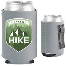 Load image into Gallery viewer, Gray magnetic can koozie with take a hike text and mountain and tree graphic design
