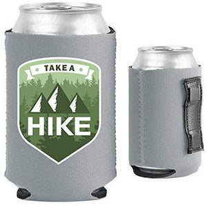 Gray magnetic can koozie with take a hike text and mountain and tree graphic design