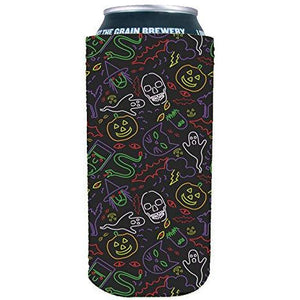 16 oz can koozie with Halloween pattern including ghosts, skulls, pumpkins in neon colors and black background