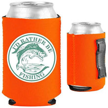 Load image into Gallery viewer, orange magnetic can koozie with I&#39;d rather be fishing design
