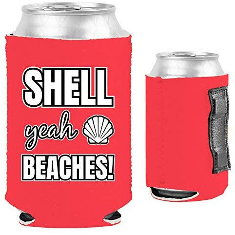 pink magnetic can koozie with shell yeah beaches funny text design