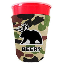 Load image into Gallery viewer, camo party cup koozie wuth beer bear design 
