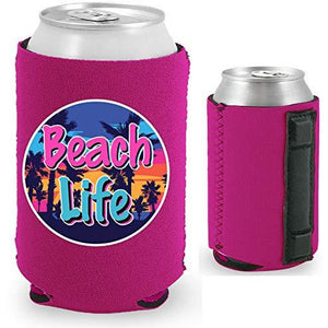 magnetic can koozie with beach life design magenta color