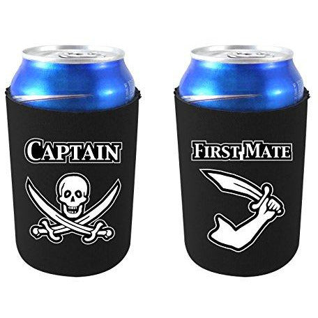 black can koozies with captain (skull and swords) and first mate (sword in hand)designs