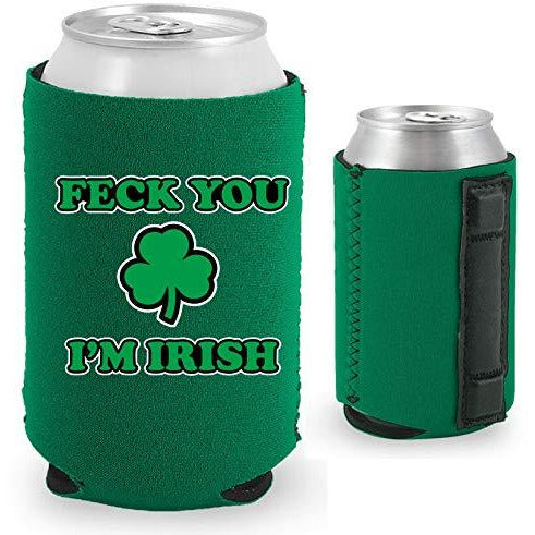 green magnetic can koozie with funny feck you i'm irish design