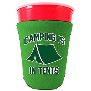 kelly green party cup koozie with camping in tents design 