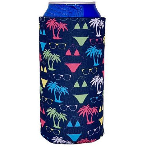 16oz can koozie with bikini, palm tree and sunglasses design