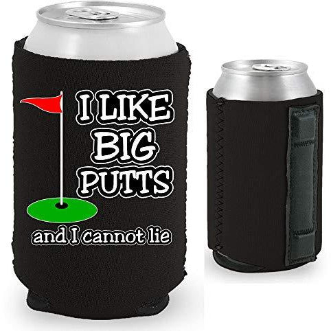 black magnetic can koozie with i like big putts and I cannot lie funny golf design