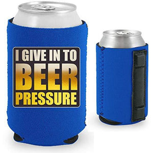 royal blue magnetic can koozie with funny I give in to beer pressure design