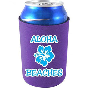 purple can koozie with aloha beaches funny text design