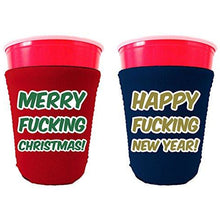 Load image into Gallery viewer, red and blue party cup koozie with merry fucking Christmas and happy fucking new year
