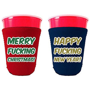 red and blue party cup koozie with merry fucking Christmas and happy fucking new year